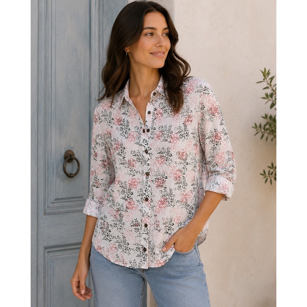 Anthropologie Floral Block Print Embroidered Cotton Button Down Shirt XS/S White